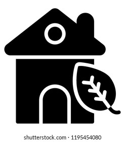 Cute cartoon shape building with curved roof, window and door, where leaves appearing from its chimney, an icon for ecology house 