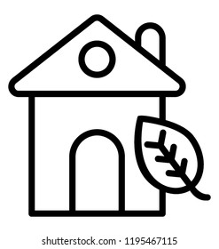 Cute cartoon shape building with curved roof, window and door, where leaves appearing from its chimney, an icon for ecology house  