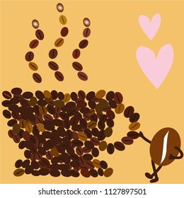 cute cartoon shape of hot coffee cup by coffee bean with heart on brown bacground, illustration vector by freehand doodle comic art.