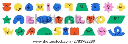 Cute cartoon shapes with funny faces and happy smiles, vector set isolated on white background. Colorful geometric characters with eyes and different emotions, kids designs and creative projects.