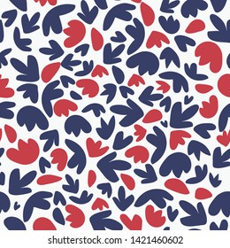 Cute cartoon shapes seamless pattern in red, white and blue colors. Fun, lively all over print, great for textiles, stationery, gift wrapping paper, fashion and paper and stationery products.