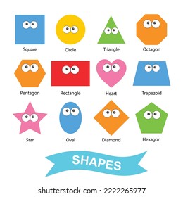 Cute cartoon shapes: square, circle, ellipse, triangle, pentagon, hexagon, rectangle, star and trapezoid for children's. Vector design illustration