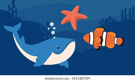 Cute cartoon shark and anemone in the ocean. Vector illustration