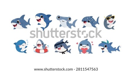 Cute cartoon shark character collection in various playful poses. Flat vector mascot set isolated on white background, perfect for kids, marine themes, stickers, education, and branding projects.