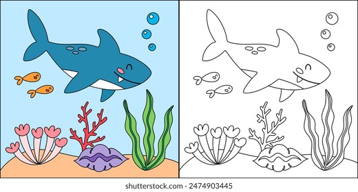 Nette Zeichentrickfigur Hai. In: Undersea, Marine Life Illustration. Meerestiere färben Seiten isoliert auf weißem Hintergrund.