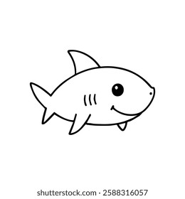 Cute Cartoon Shark Coloring Page - Black and White Line Art Illustration