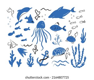 Cute cartoon shark, crab, jellyfish, star, dolphin, turtle ,fish,sea life - vector cartoon illustration.Fishing pattern.Сartoon drawing of sea animals