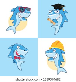 Cute cartoon shark in different poses. Vector clip art illustration with simple gradients. Each on a separate layer.