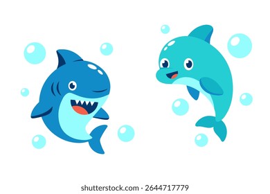 Cute cartoon shark and dolphin swimming underwater with bubbles on white background. Vector illustration.