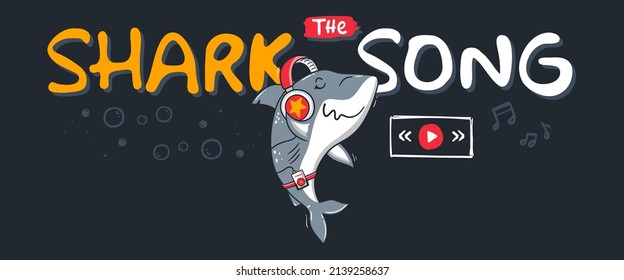 Cute cartoon shark enjoying music through the headphone. Vector clip art illustration 