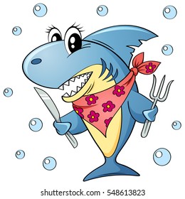 Cute cartoon shark with fork and knife