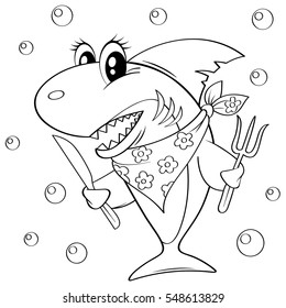 Cute cartoon shark with fork and knife. Black and white vector illustration for coloring book 