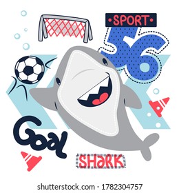 Cute cartoon shark goalkeeper jumping to catch a soccer ball isolated on white background illustration vector, for t-shirt print.