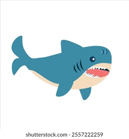 Cute cartoon shark illustration with blue body and sharp teeth on white background. Marine Life Vector Set. Ocean animal illustration