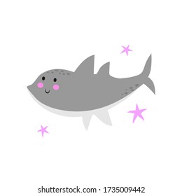 Cute cartoon shark. Illustration for print on baby clothes, books and cards. Flat vector illustration isolated on white background.