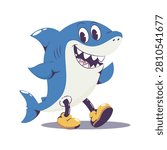 Cute Cartoon Shark Mascot Walking in Yellow Shoes Character