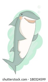 Cute cartoon shark on background of ocean