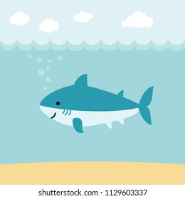 Cute cartoon shark on blue wave background. Art vector Illustration.