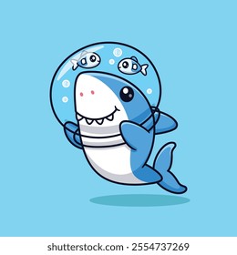 Cute Cartoon Shark On Its Head Is An Aquarium Filled With Fish Vector Icon Illustration. Animal Nature Icon Concept Isolated Premium Vector. Animals Cartoon Style