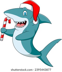 Cute cartoon shark in a santa hat holding candy cane