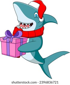 Cute cartoon shark in a santa hat is holding a gift box