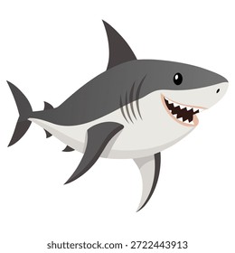 Vista lateral linda del tiburón de la historieta. Conveniente para los libros de los niños, etiqueta engomada, mascota, logotipo. Ilustración vectorial aislada sobre fondo blanco.