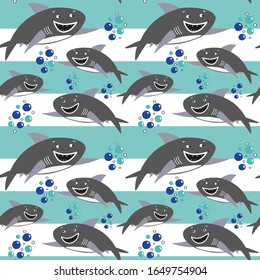 Cute cartoon shark, underwater life seamless pattern with mint stripes background with air bubbles filling for baby or toddler kids clothes print, bathroom textile.  