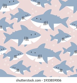 Cute cartoon shark - vector illustration. Seamless pattern - Shark mom and baby