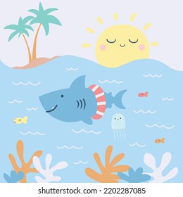 cute cartoon shark vector illustration with nature background