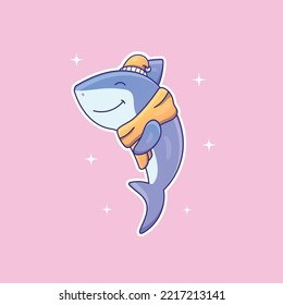 Cute cartoon shark wearing a hat and scarf vector illustration. Animal isolated vector. Flat cartoon style