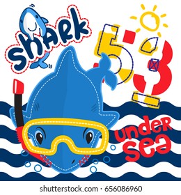 Cute cartoon shark wearing snorkel gear on wavy lines background illustration vector.