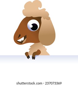 Cute Cartoon Sheep above white banner, isolated on white background