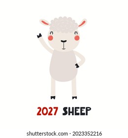 Cute cartoon sheep, Asian zodiac sign, astrological symbol, isolated on white. Hand drawn vector illustration. Flat style design. 2027 Chinese New Year card, banner, poster, horoscope element.