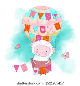 Cute cartoon sheep in a balloon. Vector illustration