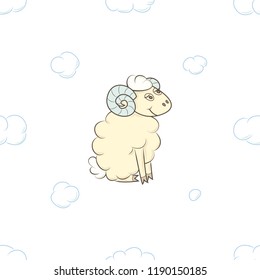 Cute cartoon sheep boy in the clouds. Vector illustration. Seamless pattern background.