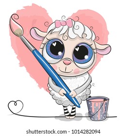 Cute cartoon Sheep with brush is drawing a heart