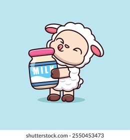 Cute Cartoon Sheep Carrying a Big Bottle of Milk Vector Icon Illustration. Animal Drink Icon Concept Isolated Premium Vector. Animals Cartoon Style