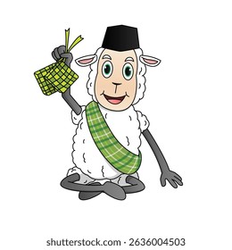 Cute cartoon sheep character celebrating Eid al-Adha, wearing a traditional sarong and black peci (cap), holding a ketupat rice cake. The sheep is shown in multiple cheerful and festive poses. Perfect