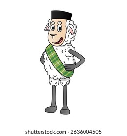 Cute cartoon sheep character celebrating Eid al-Adha, wearing a traditional sarong and black peci (cap), holding a ketupat rice cake. The sheep is shown in multiple cheerful and festive poses. Perfect