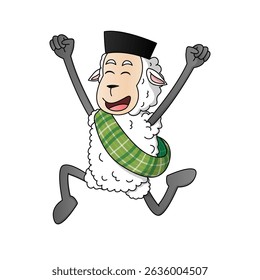 Cute cartoon sheep character celebrating Eid al-Adha, wearing a traditional sarong and black peci (cap), holding a ketupat rice cake. The sheep is shown in multiple cheerful and festive poses. Perfect