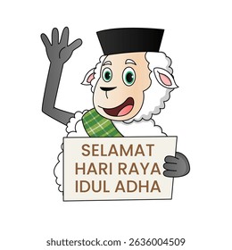 Cute cartoon sheep character celebrating Eid al-Adha, wearing a traditional sarong and black peci (cap), holding a ketupat rice cake. The sheep is shown in multiple cheerful and festive poses. Perfect
