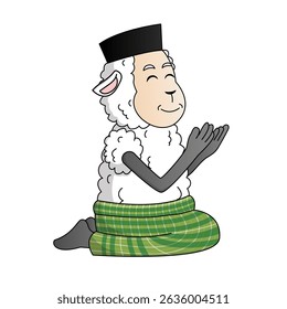 Cute cartoon sheep character celebrating Eid al-Adha, wearing a traditional sarong and black peci (cap), holding a ketupat rice cake. The sheep is shown in multiple cheerful and festive poses. Perfect