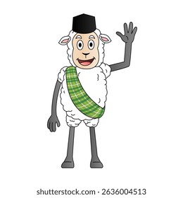 Cute cartoon sheep character celebrating Eid al-Adha, wearing a traditional sarong and black peci (cap), holding a ketupat rice cake. The sheep is shown in multiple cheerful and festive poses. Perfect