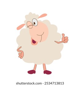 Cute cartoon sheep character smiling and giving a thumbs up, a simple flat vector illustration with a white background. Isolated on a pastel background