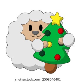 Cute cartoon Sheep with Christmas Tree in color