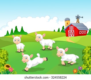 Cute cartoon sheep collection set in with farm background 