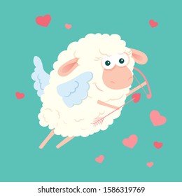 Cute cartoon sheep cupid with bow and arrow for Valentine's Day. Vector illustration