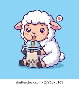 Cute Cartoon Sheep Drinking Bubble Tea Illustration