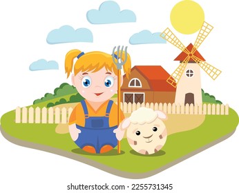 A cute cartoon sheep and a farmer girl with a pitchfork in her hand with ponytails on her head and a blue overalls against the backdrop of a farm, a barn and a mill. 
