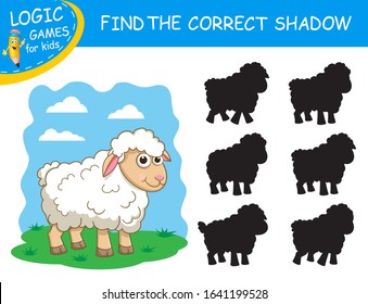 Cute cartoon Sheep. Find the correct shadow. Educational matching game for children with cartoon character. Logic Games for Kids. Education card with task for children preschool and kindergarten.